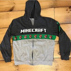 Minecraft Boys Full Zip Hooded Sweatshirt/jacket. Fleece lined. Logo. Grey.